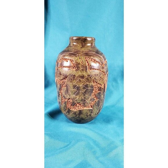 Nicaraguan Sgraffito Pottery Vase Hand Carved Etched Signed Green Sea Turtle 7" - Picture 12 of 12